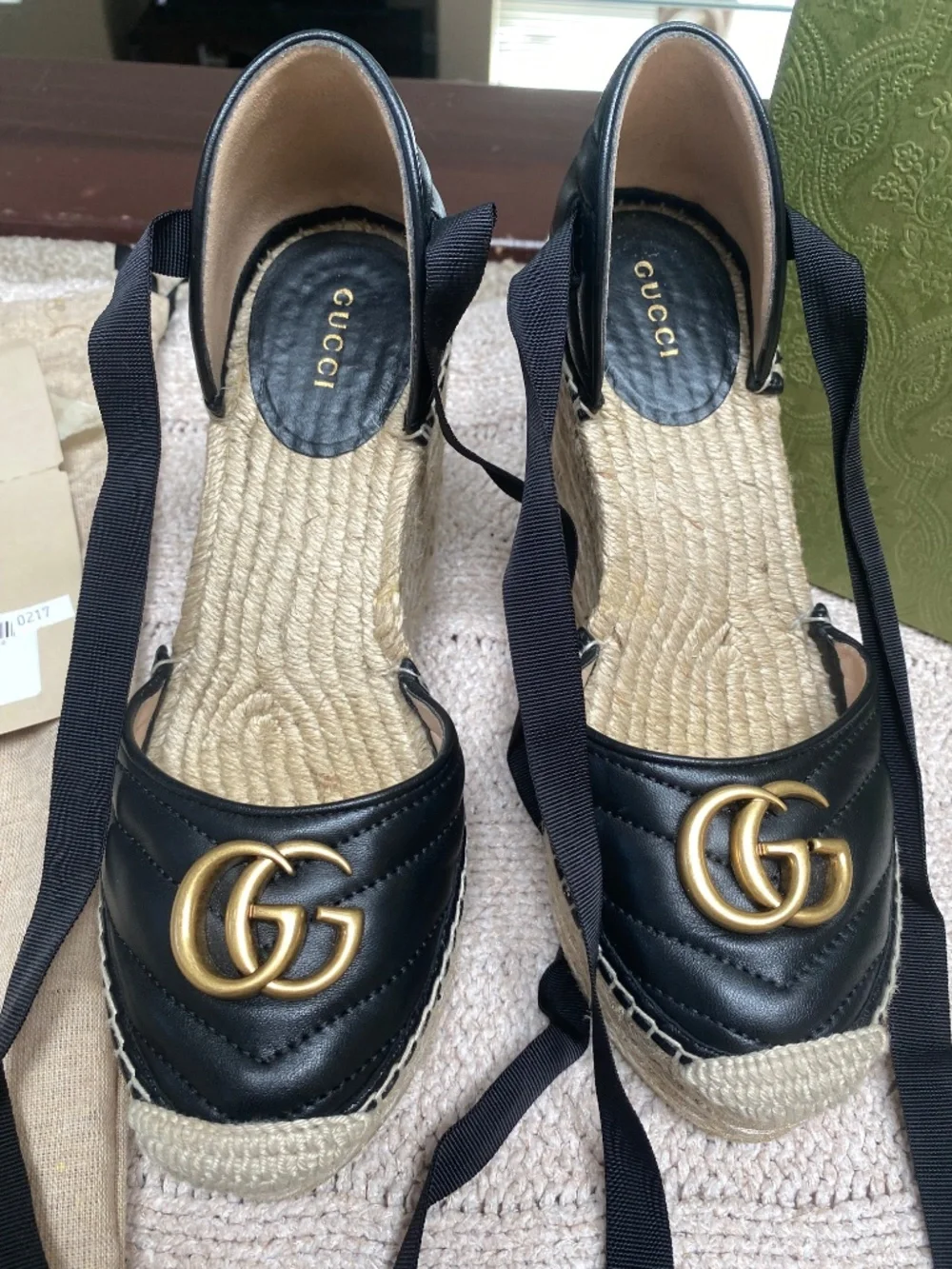 Gucci black monogram espadrilles with ankle ties